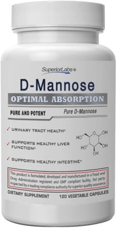 Superior Labs D-Mannose 500 mg, Pure Non-GMO Optimal Absorption Prebiotic, Urinary Tract, Bladder & Kidney UTI Support, Digestive & Liver Health Aid, IC Relief for Women & Men, 120 Veg Caps