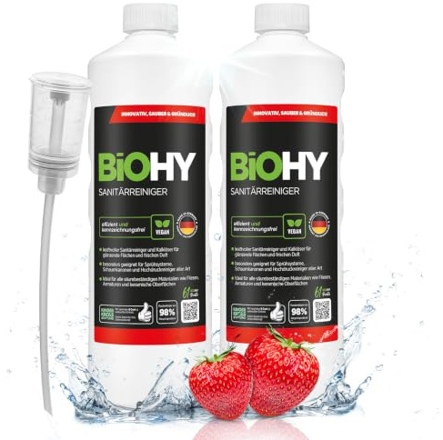 BiOHY Sanitetsrengörare (2 x 1l flaska) + doser | Kalknedbrytande koncentrat för sanitetsområdet | Badrumsrengöring med en behaglig och fräsch doft | EXTRA STARK (Sanitärreiniger)