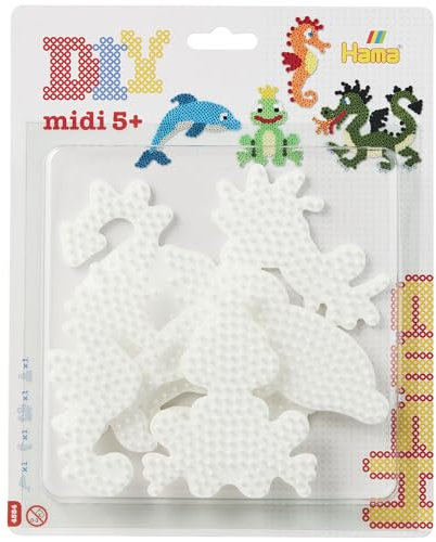 Hama Perlen 4584 Große Stiftplatten 4er Set für Midi Bügelperlen mit Durchmesser 5 mm, Motive Delfin, Drache, Seepferdchen und Kleiner Frosch in weiß, Bastelspaß