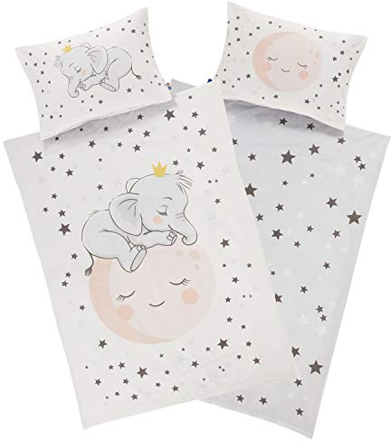 Aminata kids Juego de ropa de cama infantil de 100 x 135 cm, diseño de elefante, reversible, diseño de elefantes, estrellas y luna, gris y blanco, con cremallera YKK
