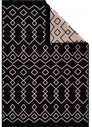 Jimri Teppich Läufer - Tepiche für Wohnzimmer, Schlafzimmer, Küche, Kinderzimmer, Badezimmer - Boho Kelim - Läufer Flur, Schwarz-Beige, Größe: 80x150 cm