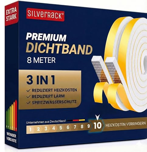 SilverRack Guarnizione autoadesiva per porta, 8 m, colore bianco, 12 mmx6 mm, 2 rotoli da 4 m, paraspifferi per risparmiare sui costi di riscaldamento
