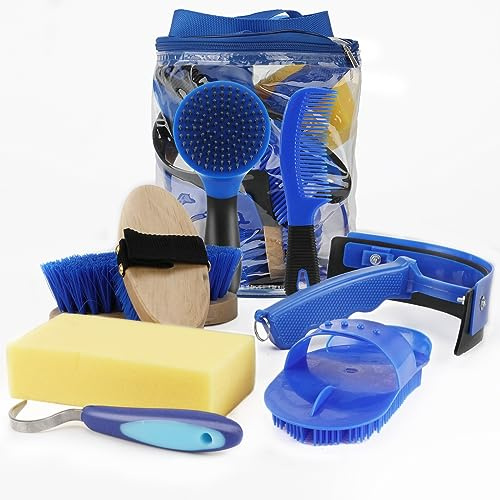 GINDOOR 9 Pieces Grooming Kit with Tote Bag - Horse Brush Set, Sweat Scraper, Sponge, Hoof Pick, Curry Comb for Riders and Beginners (Blue)