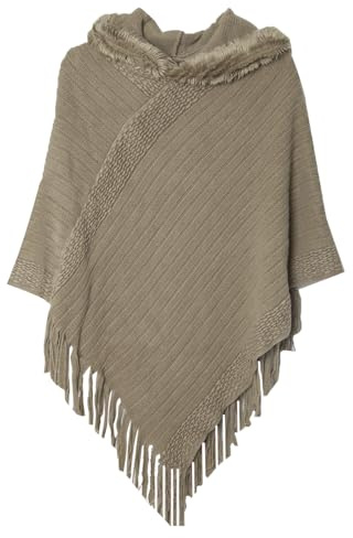 JFAN Poncho Donna Invernale Mantello Scialle con Cappuccio Elegante Maglione Poncho Mantelle con Frange Scialle con Frange Taglia Unica Cachi