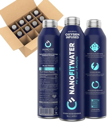 NANO FIT WATER - All Natural Oxygen Infused Bottle Water, 9.5+ pH Alkaline Still Drinking Water, 100% Recyclable Aluminum Bottle, 16 Oz (12 Pack)