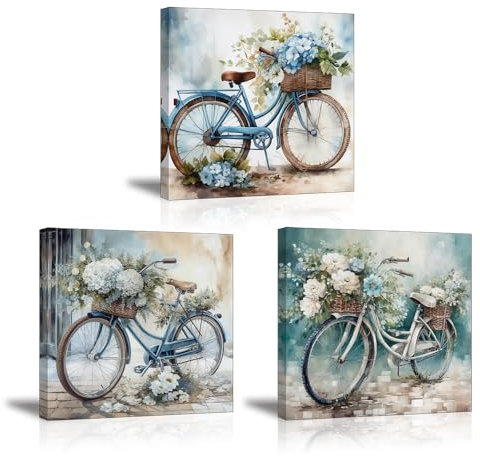 Piy Painting Cuadros Modernos de Bicicleta, Romántico en Lienzo, Azul Impresión de Lienzos Murales Decoracion Con Marco Interno Para Pasillo Comedor 3X 30x30cm