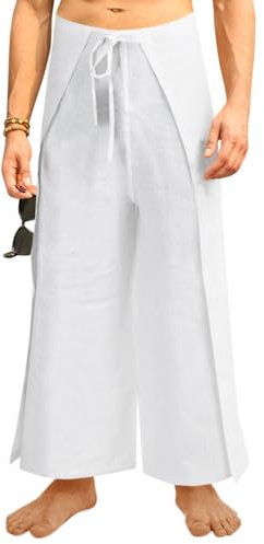 Runcati Herren-Wickelhose aus Leinen, Thailändisch, Angler, Yoga, Strand, Hippie, leicht, lockere Passform, Weiss/opulenter Garten, Groß