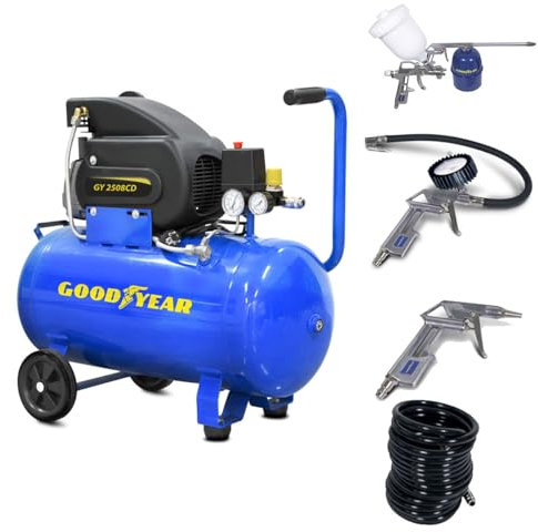GOODYEAR - Compresor de aire silencioso 50L 8 bar 2CV 1,5 KW + kit de aire comprimido 5 piezas