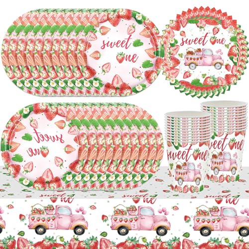 Decoración de cumpleaños con temática de fresa de camión rosa, juego de vajilla de frutas de verano, mantel, servilletas, platos, vasos de papel (20 personas)