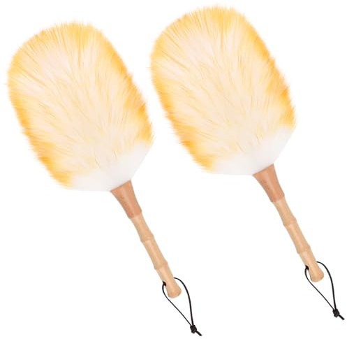 iHUFeather Lambswool Duster for Cleaning with Solid Wooden Handle Leather Hang Strap 14.9 inch Natural Feather Duster for Cleaning Ceiling Fans Window Blinds Computer Furniture(2 Pack)