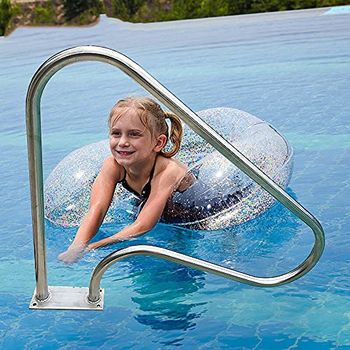Pasamanos de escalera de piscina para entradas de piscinas en el suelo, acero inoxidable de 3 curvas con placa inferior de liberación rápida (80 x 80 cm) – Pasamanos de piscina al aire libre