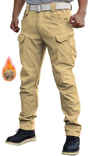 WINKEEY Pantaloni da Lavoro Uomo, Pantaloni Tuta, Pantaloni Invernal Uomo, Pantaloni con 8 Tasche, Pantaloni Tinta Unita e mimetici,Fleece Marrone XXL