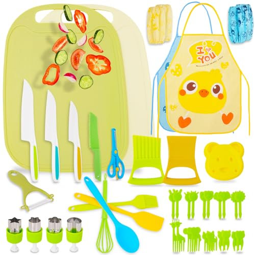 BEBOAN 43-teiliges Kindermesser Set ab 2 3 4 5 6 Jahre, Sicher Kinder Küchenmesser mit Kinder Schneidemesser, Schäler, Schneidebrett, Schneideset Montessori Messer Geschenk Spielzeug
