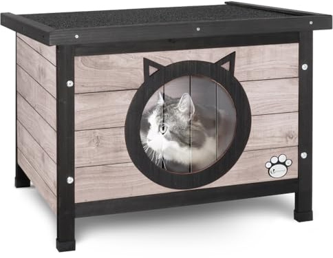 VOUNOT Casa para Gatos de Madera con Techo Asfáltico y Puerta en Forma de Oreja Listones de PVC, Cabaña Mascotas Caseta Pequeña de Gatos 57x45x43cm, Gris