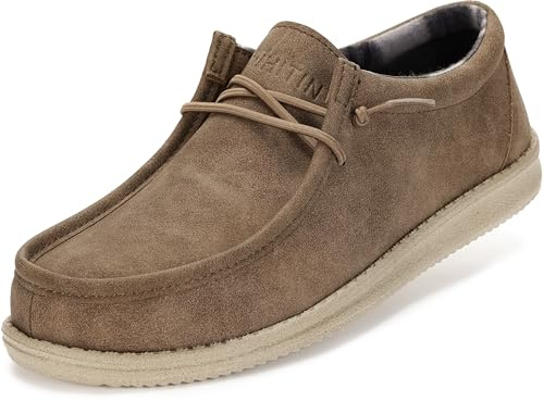 WHITIN Men's Slip on Loafers Leather Boat Shoes Fashion Casual Sneakers Size 8 Lightweight Winter Warm Walking Light Brown 41