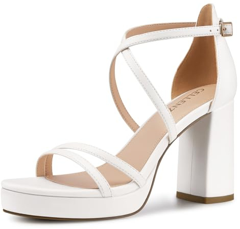 CELLENZ Women Strappy Platform Heels: Open Toe Pumps Sandals - White Dressy Comfy Block Heeled - Chunky Prom Party Wedding Graduation Size 7