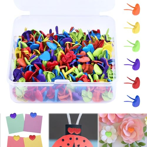 Nuyoah Pattern Bag Clips, Pattern Clips, Mini Brads, Round Wing Clip, Small Round Head Clips, Colourful Metal Wing Clips, 8 x 18 mm for School, Office, Paper, Letter Clips, Crafts (Colourful Heart