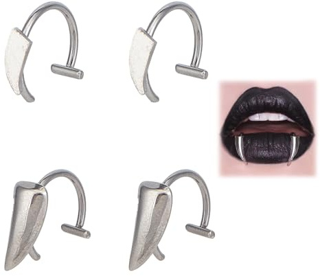 NICENEEDED 4 Pezzo Anello per Labbra da Vampiro in Acciaio Inossidabile, Denti di Lupo Non Perforanti Regolabili, Anelli per Labbra A Forma di C di Halloween, Gioielli Punk Boby