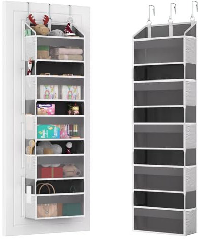 Over Door Organiser with 5 Front & 10 Mesh Side Pockets, 50LB Weight Capacity Hanging Storage Organiser Multi-Room Space-Saving Design with 3 Sturdy Hook for Closet, Bathroom, Kitchen, Pantry, Grey