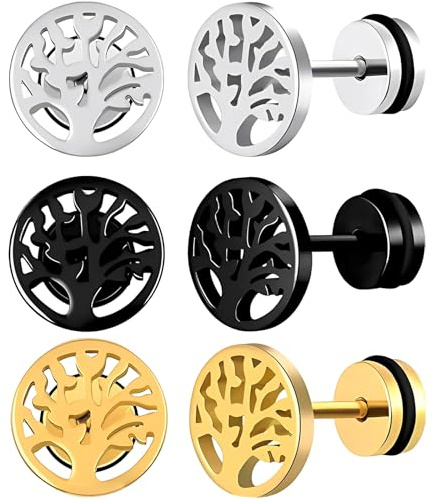3 Paar Baum des Lebens Ohrstecker, Edelstahl Lebensbaum Runde Kreis Ohrringe, Ohrstecker Schmuck für Herren Damen, Tunnel Plug Tunnel Plug Ohrpiercing