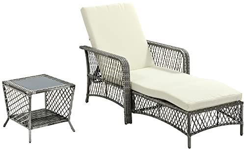 Outsunny Set Lettino Prendisole Regolabile su 5 Posizioni e Tavolino in Rattan PE, Sdraio da Giardino e Tavolino a 2 Ripiani, Bianco Crema