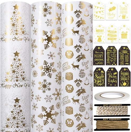 HaloCasa Papier Cadeau de Noël - Set de 3 Rouleaux (43 cm x 3 m) à Motifs Blanc et Doré Métallisés avec Étiquettes Cadeau et Ficelle de Jute - pour Calendrier de l'Avent et Emballages Cadeaux