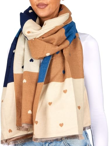 BRUBAKER Cashmirillo Damen Schal mit Herz Muster - 70 x 200 cm - Warm, Kuschelig & Oversized - Damenschal für Herbst & Winter - Winterschal - Weiches Kaschmir-Gefühl - Blau, Braun & Beige