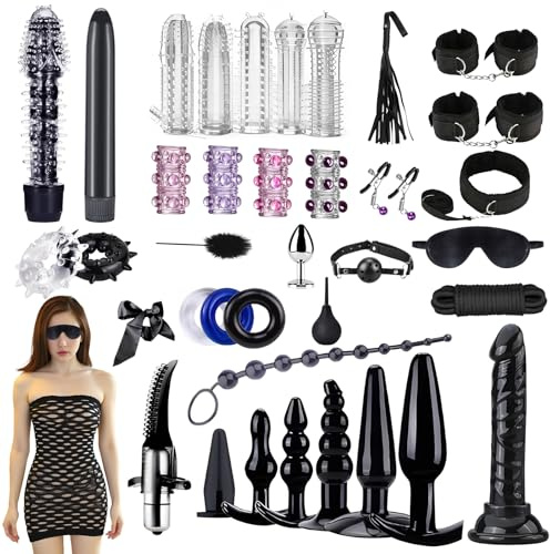 Sexytoysys Coppia Hard 39Pezzi Toys Sessuali per Coppia con Manette Regolabili,Cavigliere,Frusta,Maschera per gli Occhi,Bacchetta di Piume,Vibratore Giocattolo Sessuale per Coppie Uomini Donne