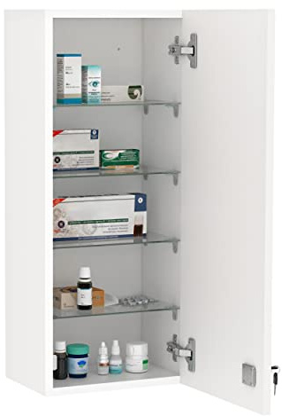 kleankin Botiquín de Pared de Primeros Auxilios, Botiquín de Medicinas de 5 Niveles con Estantes Ajustables de Vidrio, Cerradura y 2 Llaves, para Baño, Cocina, 30x20x70 cm, Blanco