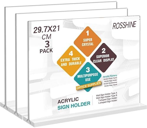 A4 Menu Holders, 3 Pack T-Shaped Acrylic Sign Holder Poster Display Stand | ROSSHINE Clear Double Side Display Stands Horizontal Poster Holder for Office School Shop Restaurant Reception Desk