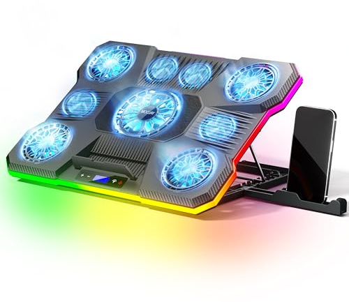 Base Refrigerante Moojay con 9 Ventiladores Silenciosos, Compatible con Portátiles De 14 A 19 Pulgadas. Soporte Gaming con 6 Velocidades Regulables, 10 Modos RGB, 2 Puertos USB Y Soporte para Móvil