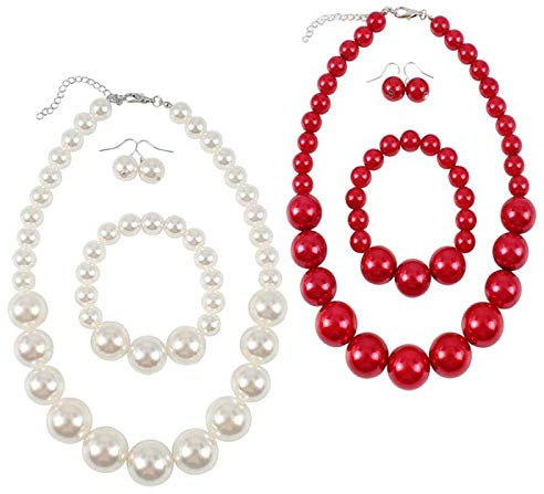 Saijer Ensemble de Bijoux Pearl - Collier Perles Rouge et Blanc avec Boucles d'Oreilles et Bracelet - Cadeaux pour Femme le Mariage de Noël de la Saint-Valentin, Plastique