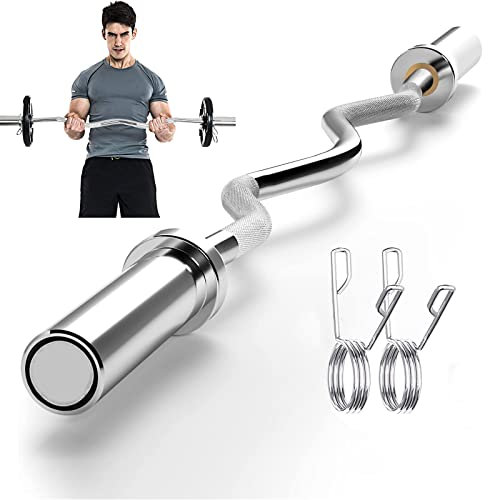 tonchean 119,4 cm EZ Curl Bar Olympische Curlstange für 5,1 cm Hantelscheiben EZ Bar Gewichtheberstange Massiv Chrom Trizepsstange Gerade Trainingsstange mit 2 Federverschlüssen für Home Gym Training