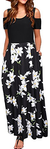 STYLEWORD Abito Donna Estivo Lungo Spalla Fredda Estiva Manica Corta Stampa Elegante Floreale Vestito con Tasche, XXL