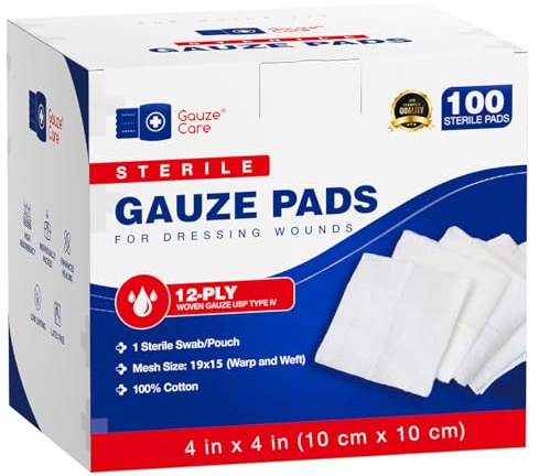 100pc Large Sterile Gauze Pads 4x4 Sterile for Wounds Bulk - 12ply Woven Gauze Sponges 4x4 Sterile - USP IV Breathable Mesh 4x4 Gauze Pads Sterile for Enhanced Absorption - First Aid Medical