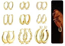 9Pairs Chunky Gold Hoops Earrings for Women 14K Gold Plated Hoop Earring for Women Lightweight Chunky Earrings,Small Gold Open Twist Heart Hoop Earring Set
