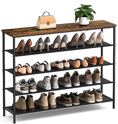 VASAGLE Shoe Rack 5 Tier, Narrow Shoe Storage Organiser for Wardrobe Hallway, with 4 Fabric Shelves and Top for Bags, Shoe Shelf, Steel Frame, Industrial, Rustic Brown and Black LBS136B01