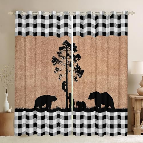 Bear Silhouettes Kids Blackout Curtains,Animals Trees Rustic Farmhouse Window Drapes for Boys Girls Adults,Geometric Grids Patch Brown Retro Window Treatments Grommet Top 2 Panel Set,52Wx84L inch