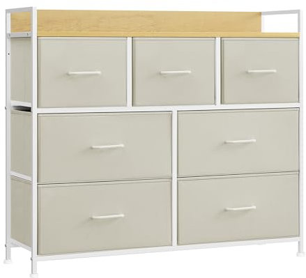 SONGMICS Commode, Armoire, Meuble de Rangement, 7 Tiroirs en Tissu avec Poignées, Cadre en Métal, Style Moderne, Blanc Crème et Beige Chêne LTS523W01