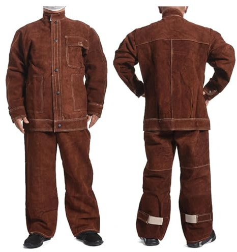 NALSA Ropa de Trabajo de Cuero para soldar, Chaqueta de Seguridad, Pantalones de Soldador de Cuero de Ante Gruesos y Resistentes, Monos ignífugos Resistentes al Calor,Brown-XL