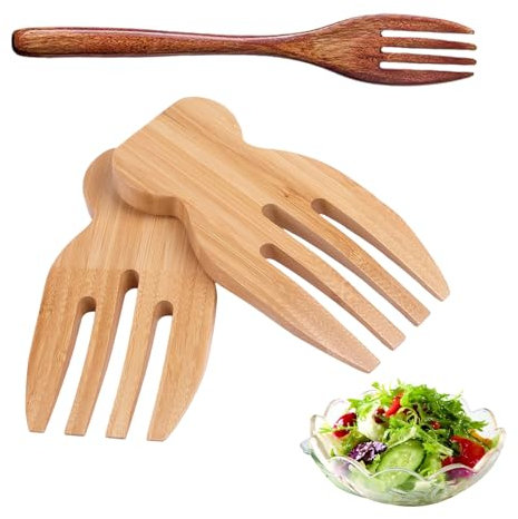 HDGSAFD 2 forchette da insalata e 1 forchetta in legno con manico lungo, set di posate, posate in legno, frusta per insalata, utensili da cucina, accessori da cucina