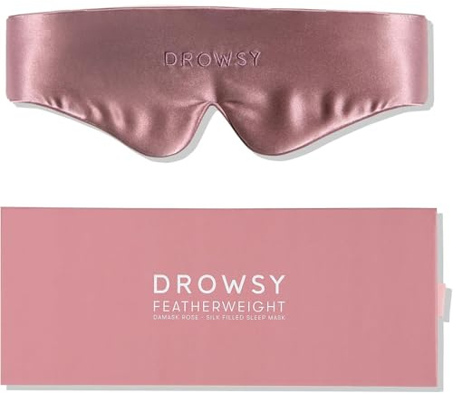 Drowsy Featherweight Silk Sleep Mask – Luxury Blackout Eye Mask for Sleeping & Travel, 100% Mulberry Silk, Lightweight Comfort, Adjustable Strap, Protects Skin & Hair - Damask Rose