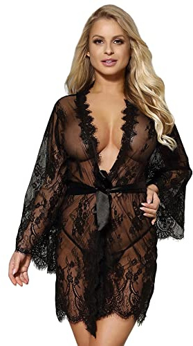 ohmydear Women's Lace Robes Plus Size Sexy Eyelash Lingerie Set Sheer Mesh Kimono Dressing Gown Lightweight Babydoll Nightwear with Satin Belt Black Ladies Nightdress UK 12-14