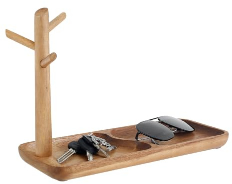 Sutowe Wood Key Tray for Entryway Table Key Holder Bowl with 3 Hooks Jewelry Organizer Tray Space Saving Catchall Tray for Rings Bracelets Watches Phone