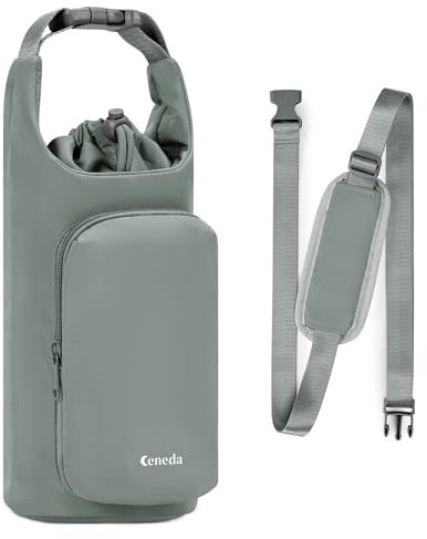 Ceneda Tragetasche für Wasserflaschen mit Handyfach, 900 ml, 1,2 l, isolierter Wasserflaschenhalter mit verstellbarem Schultergurt, Tragetasche, grau, Stilvoll