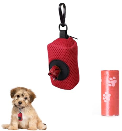 Poo Bag Holder with Dog Poo Bags Reusable Poo Bag Dispenser Portable Mesh Dispenser Pouch Red Poop Waste Bags Pet Supplies for Outdoor Travel Walking Park