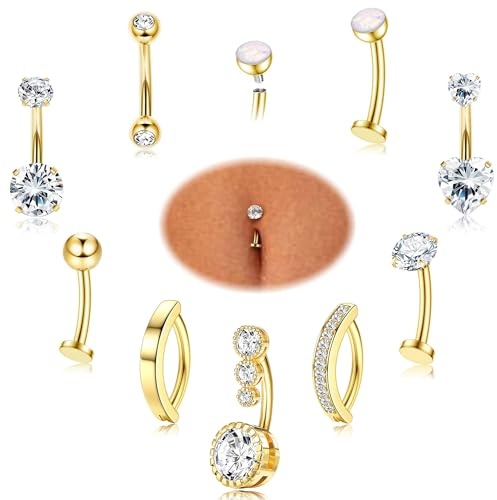 Morfetto Piercing Ombligo Acero Quirurgico Dorado - 9pcs 14G Hipoalergénico Joyas Para Piercing Ombligo Tous Plata Aro Anillo Para El-Ombligo Dorado 10MM