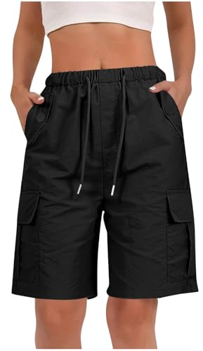 RLEHJN Cargo Shorts Women UK Clearance, Ladies Bermuda Shorts Baggy Short Cargo Pants with Multiple Pockets Summer Drawstring Elasticated Waist Half Pants for Outdoor Hiking Work Travel Golf Black