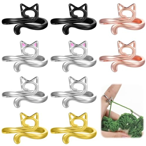 Nogeqi 10PCS Crochet Ring for Finger, Adjustable Crochet Tension Ring with Cat Ear Design, Metal Tension Rings for Crocheting Knitting Accessories Gifts for Crafters Mothers Grandmas (5 Styles)