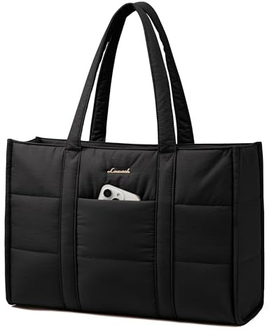 LOVEVOOK Tote Bags for Women, Puffer Quilted Work Bag Ladies Handbags with Zip, Large Womens Totes Hand Bag with 15.6 inch Laptop Compartments for School Uni Teacher College, Black